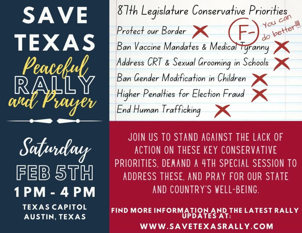 A flyer for the save texas rally.