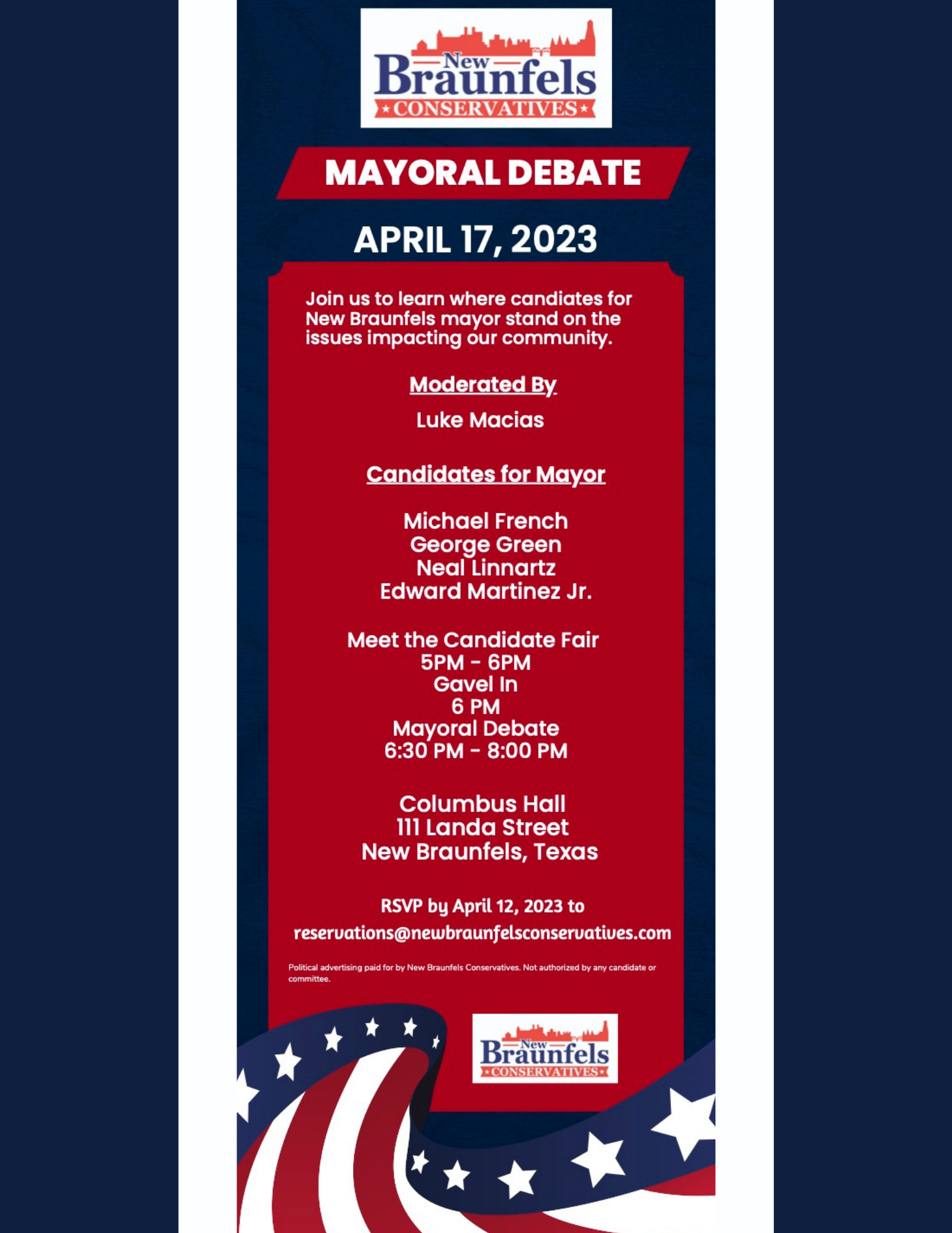 A flyer for the mayoral debate with information about candidates.