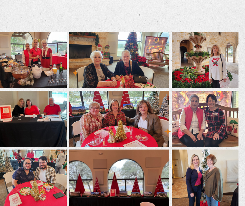 A collage of people sitting at tables with christmas decorations.