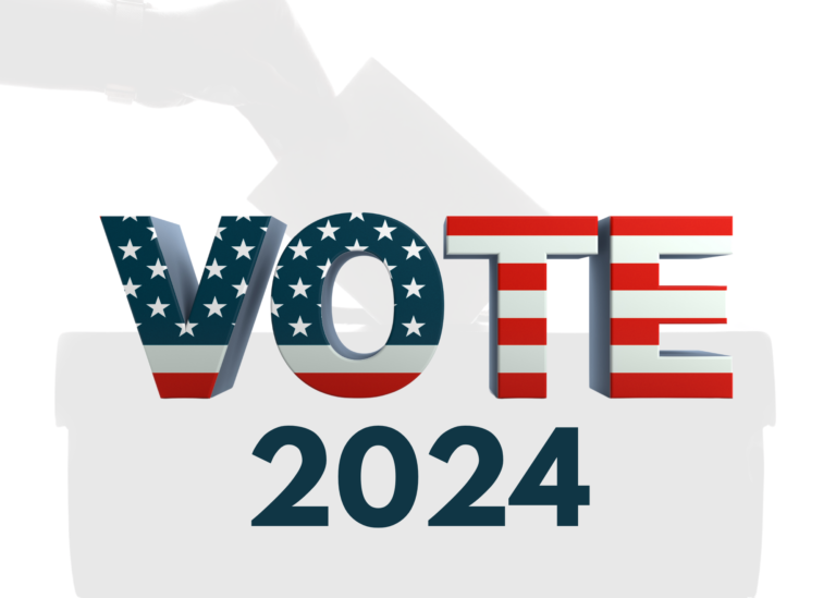 Ballot casting silhouette over a 2024 election-themed graphic.