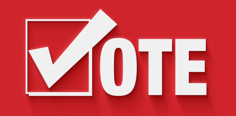 Red background with "Vote" and checkmark.